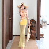 Holiday Style Suit Women's Summer Dopamine Beauty Temperament Yellow Print Blouse Mesh Yarn Bag Hip Skirt