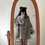 Hepburn Wind Gray Hair Coat Women Autumn And Winter New Long Bows This Jacket Coat Small