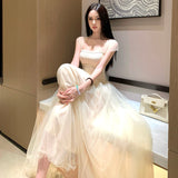 White Mesh Yarn With Thoracic Neck Dress Women's Summer Seaside Holiday Wind Beautiful Waist Birthday Dress Long Dress