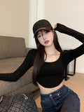 Sweet And Spicy Long-Sleeved T-Shirt Girl Spring Slim Slim Short High-Waist Thin Inside The Bottom Shirt Sexy White Top