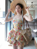 [Removable Shoulder Strap With Anti-Slip Strip] French Beautiful Flower Princess Short Dress Summer New Floral Rib Dress