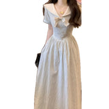 College Style Navy Striped Short-Sleeved Dress Women's Summer 2026 New High-End Feel Waist Temperament Dress