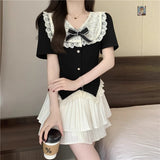 Summer Dress New Large-Size Fat Mm Female Pure Lust Lace Spliced Short-Sleeved Top Cut-Down Cake Skirt College Style Two Sets