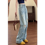 Designing Light Blue To Make Old Ripped Jeans Women's Summer High Street Broad-Legged Trousers Cool Breeze Straight Trousers