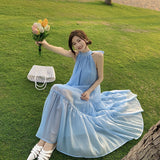 Designing A Small Blue Hanging Neck T-Shirt With Super Fairy Slings Long Skirt Seaside Holiday Photo Dress