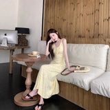 Sweet Wind Yellow Broken Flower Wave Dots Hanging Dress Women Summer Small Man Age Reduction Loose Shoulder Beautiful Dress