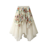 Dress Court Print Irregular Net Yarn Skirt Dress Temperament Fairy Dress Mid-Length Skirt Sweet 1503