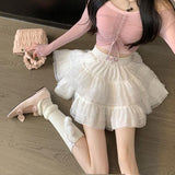 Lace Cake A-Word Skirt Summer 2026 New Ballet Style High-Waist White Mesh Thorny Skirt Girl Trendy