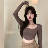 Small Tight Long-Sleeved Design Feel Bottom-Up Shirt Open Pavelette Wearing Hot Girl Short Top Girl Spring And Autumn Kaqi Color T-Shirt