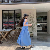 Blue Sleeveless Vest Dress Women's Summer French Lazy Holiday Style With Pocket Skirt Loose A-Word Dress