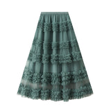 High-End Heavy Industry Lace Cake Skirt Long Skirt Sweet Wind High Waist Wood Ear Net Yarn Skirt 1276