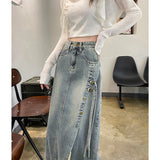 New Chinese-Style Cowboy Half-Dress Woman In The Autumn Of 2025 Thin High-Waist Long-Winded National Style A-Word Open Forked Bag Hip Skirt
