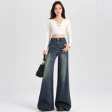 Vintage High-Waisted Denim Horn Trousers Women's Elastic Pants Pear Shape Body Does Not Stick To The Leg Hanging Loose Broad Leg Micro-Speaker