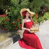 French Retro Holiday Windy Red Sling Dress Femininity Summer Temperament High-End Feeling Thin A-Character Dress