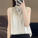 Silk Satin 2026 Spring And Summer Women's New Satin Wood Ear Collar Dark Buckle Sleeveless Shirt Solid Color Shirt