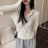 Pure-Style White Hooded Long-Sleeved T-Shirt Girl Spring Slimming Inside The Shirt Irregular Blouse In Tide