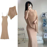 French Spring And Summer New Pure Wind Irregular Sun Protection Suit Women's Bodybine Hip Skirt Long Sling Skirt Two Sets
