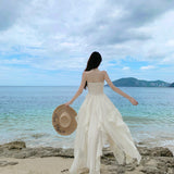 French Super Fairy Leaves Side Sling Dress Woman Seaside Holiday Sexy Pure Desire Irregular Open Fairy Dress
