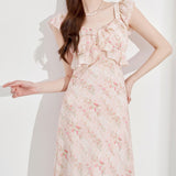 Slim Floral Design-Sensitive Dress 2026 Summer New French Temperament Long Square Pink Dress