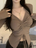 Pure Want To Show The Thoracic Top Rope To Close The Waist Thin Single Special To The Horn Long-Sleeved T-Shirt Spring And Autumn 2025 New Women's Clothing