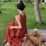 New Chinese Beautiful Red Sleeveless Neck Dress Female Summer Temperament High-End Seaside Beach Dress