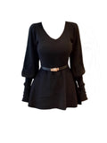Fat MM Black V-Neck Waist T-Shirt Women's Autumn And Winter New Long Sleeves Threum Thin Tops Winter Japanese Korean Retro Wear