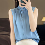 Silk Satin 2026 Spring And Summer Women's New Satin Wood Ear Collar Dark Buckle Sleeveless Shirt Solid Color Shirt