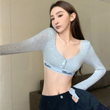 Spice Girls Sexy Long-Sleeved T-Shirt Short V-Neck Collared Women's Spring And Autumn Collarbone High Waist-Cuffed Umbilled Repair Inside The Top