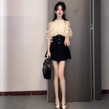 2026 Summer New Pearl Hanging Shoulder Temperament Bright Silk Chiffid Dress Women Waist Short Skirt Two Sets