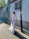 French Gentle Temperament Blue Broken Flower Sling Dress Seaside Holiday Beautiful Unique Waist A Word Long Skirt