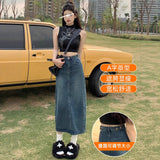 High-Waisted Open-Forked Cowboy Half-Dress Woman 2025 New Summer Small A-Word Half Skirt Retro Ass Long Skirt