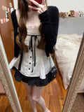 Sweet Sister College Style Black Long-Sleeved Knitted Shirt Coat + Bow Sling Suit + Wave Point Skirt Three-Piece Set