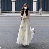 New Chinese Girl Wearing A Retro Ink Print Sling Dress 2026 Summer Burst To Collect The Waist Thin Dress