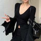 Spice Girls V Collar Horn Sleeve T-Shirt Girl Autumn Slimming Design Feel Fork Black Long-Sleeved Blouse