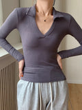 Spice Girl Sexy V-Neck Elastic Slim Slim Polo Shirt Retro Pure-Sleeved Bottom Shirt T-Shirt Top