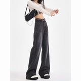 Black-Gray Broad-Legged Jeans Women's Summer New Retro Water Wash High-Waisted Loose-Ragging Straight Pants