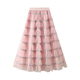 Sweet Lewd Mesh Splicing A Word Cake Skirt Women's Autumn And Winter New High-Rise Display Lean Long Dress 8073