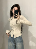 Spring And Autumn Polo Collar Pure Lustful Design Long-Sleeved Shirt Girl Thin Shoulder Hottie Top