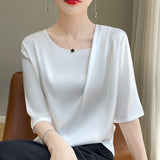 Silk Satin Paste Acetic Acid 2026 Spring And Summer New Women's Five-Sleeve Collar Loose T-Shirt Short-Sleeved Top