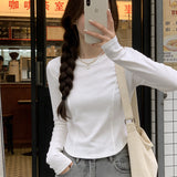 Long-Sleeved T-Shirt Girl Spring And Autumn New Hottie Design With Irregular Bottom Shirt Straight Shoulder Collar Top