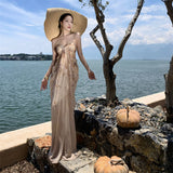 French Beauty Slings With A Dress Summer Fairy Mesh Print Temperament Lanky Seaside Holiday Dress
