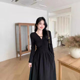 Large-Size Micro-Fat Mm Early Autumn New High-Waisted V-Neck Black Dress Female Korean Version Of Fashion Hepburn Style A Word Long Dress