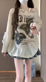 Embroidery Butterfly Waste Soil Wind Long-Sleeved T-Shirts For Spring And Autumn Loose Lazy Hole Vintage Pure Want To Show The Shoulder Hottie Shirt