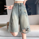 Cement Gray Hole Wide Leg Denim Shorts Female Summer Thin High-Waisted Pear-Shaped Body Hidden Meat Beggar Straight Five-Point Trousers