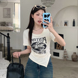 Positive Shoulder Short Sleeve T-Shirt Women's Summer 2026 New Fat MM Irregular Design Printing Thin Top