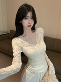 Purely Sexual Lace Lace Collar Hollow Top Women Spring And Autumn New Design Repair Inside The Long-Sleeved T-Shirt