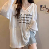 Medium-Long V-Neck Hooded Thin Hoodie Women's Summer 2025 New Loose Long-Sleeved T-Shirt On The Shoulder