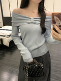 One-Word Collar Bow Design Long-Sleeved Knitted Shirt Women Autumn 2025 New Pure Hot Girl Bare Shoulder