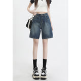 Vintage High-Waisted Denim Shorts Women Summer Small Loose Thin Trousers A Word Straight Five-Point Pants