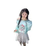 Cute Cat Prints Slanted Shoulder Long-Sleeved T-Shirt For Spring And Summer New Thin Loose Sunscreen Hoodie Casual Top
